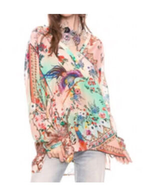 Aratta Silent Journey Anthro Pink Blue Floral Peacock , winged tassel sleeves